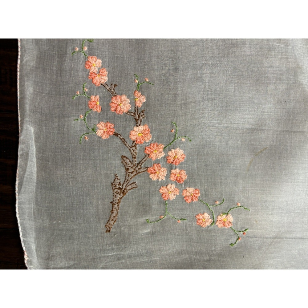 Embroidered Cherry Blossom Sheer Tablecloth Dresser Scarf Tree Handmade Vintage - Picture 8 of 8